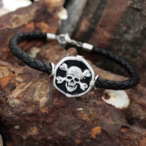 Pirate Skull Leather Bracelet - Sterling Silver 